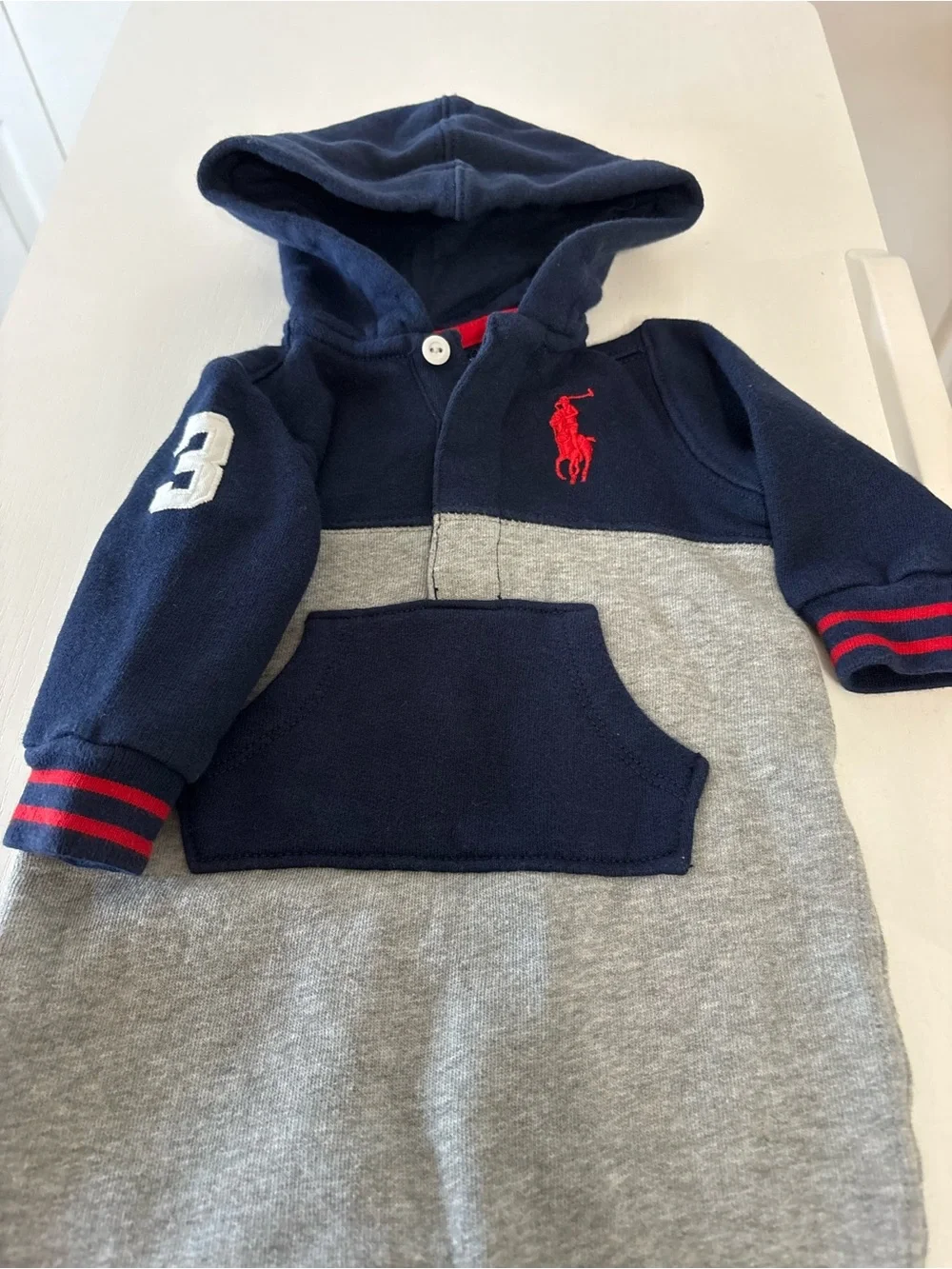 Ralph Lauren Baby Hooded Coverall One Piece Romper 0-3 3 Months Navy Gray Polo
